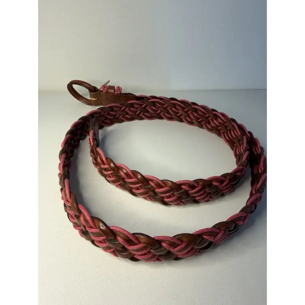 Braided Genuine Leather Belt Pink Brown Gold Buckle Woven Gaucho XL 42”
